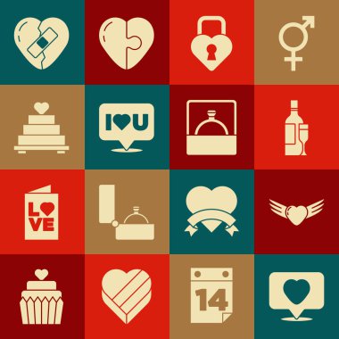 Set Like ve Heart 'ın kanatları, şampanya şişesi, konuşma balonu şeklindeki düğün pastası, kırılmış elmas nişan yüzüğü ikonu. Vektör.