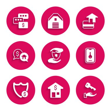 House 'u Kalkan Dolar anahtarıyla Online Emlak Kalkanı Fiyat Müzakere Kartı ve ikonu ile ayarla. Vektör.