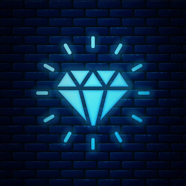 Icono Diamante Neón Brillante Aislado Fondo Pared Ladrillo Símbolo Joyería — Vector de stock