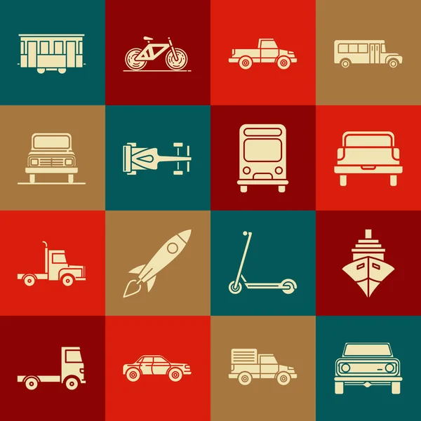 Set Road Car Buque Carga Camioneta Recogida Carrera Fórmula Tranvía — Vector de stock