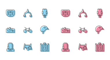 Bisiklet kilit çerçeve GPS cihazını harita yürüyüş kaskı ile sokak rampasında ve fren kalibreleri simgesinde ayarla. Vektör.