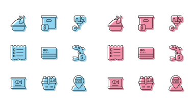 Konserve balık alışveriş sepeti ve kızarmış hindi veya tavuk marketi kredi kartı etiketi liste için ve fiyat simgesi olan karton karton kutu. Vektör.