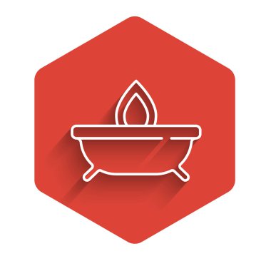 Beyaz çizgi Aroma mum ikonu uzun gölgeli izole edilmiş. Kırmızı altıgen düğmesi. Vektör.