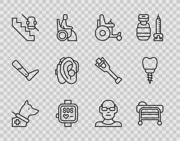 布线导盲犬伸展器电动轮椅智能手表残疾人电梯助听器视力和牙齿植入物图标 — 图库矢量图片