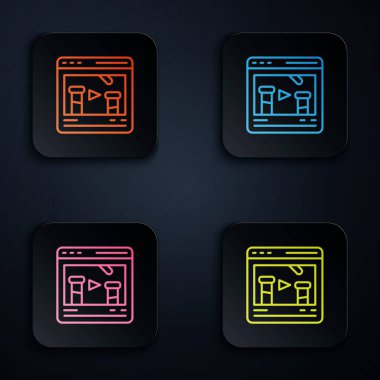 Color neon line Chemical experiment online icon isolated on black background. Scientific experiment in the laboratory with chemical equipment. Set icons in square buttons. Vector.