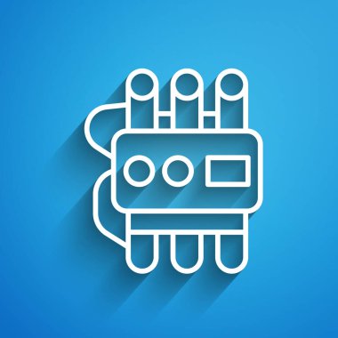 Beyaz çizgi bomba çubuğunu patlatın ve mavi arkaplanda zamanlayıcı simgesi izole edildi. Saatli bomba - patlama tehlikesi kavramı. Uzun gölge. Vektör.