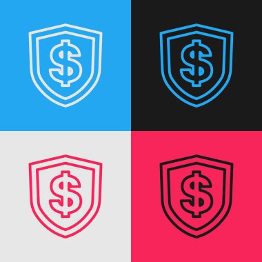Dolar sembollü Pop Art Line Shield renk arkaplanında izole edilmiş. Güvenlik kalkanı koruması. Para güvenliği konsepti. Vektör.