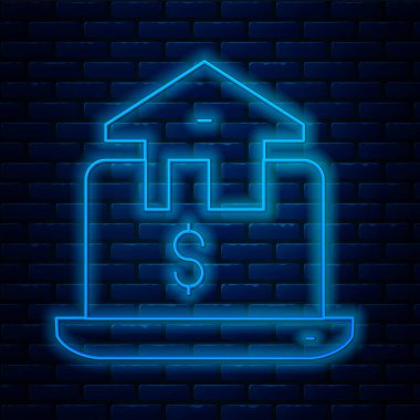 Tuğla duvar arka planında izole edilmiş tarayıcı simgesindeki parlayan neon hattı çevrimiçi emlak evi. Ev kredisi konsepti, kira, satın alma, mülk alma. Vektör.
