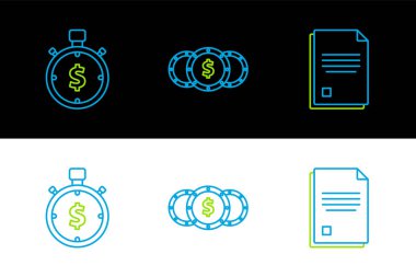 Satır Çizgisi Dosya Zamanı para ve dolar sembollü sikke simgesidir. Vektör.