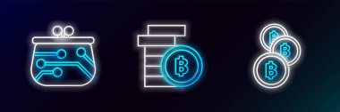 Şifreleme madeni para, Bitcoin cüzdan ve simge satırını ayarla. Parlayan neon. Vektör.