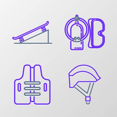 Bisiklet kaskı can yeleği dalış maskesi, aqualung ve kaykayı sokak rampası ikonuna yerleştir. Vektör.