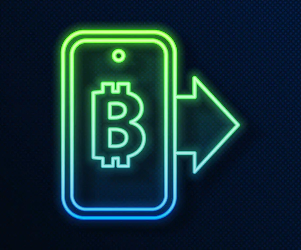 Glödande Neon Line Gruva Bitcoin Från Mobil Ikon Isolerad Blå — Stock vektor