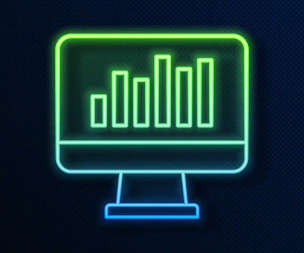 Leuchtender Neonliniger Computermonitor Mit Diagrammdiagramm Symbol Isoliert Auf Blauem Hintergrund — Stockvektor