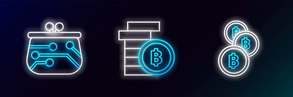 Ustaw Linię Kryptowaluta Monety Bitcoin Portfel Ikona Świecący Neon Wektor — Wektor stockowy