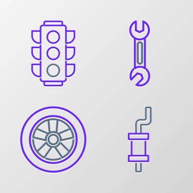 Araba egzozu anahtarı ve trafik lambası simgesini ayarla. Vektör.