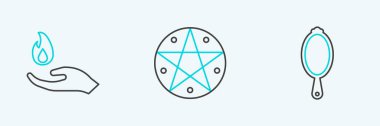 Sihirli el aynası, ateş tutan el aynası ve pentagram daire ikonu ayarla. Vektör.