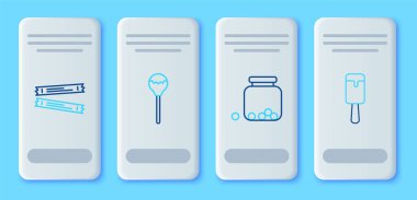 Şekerleme paketlerinin ve dondurma ikonunun içindeki şekerlerle birlikte Lollipop Glass kavanozunu ayarla. Vektör.