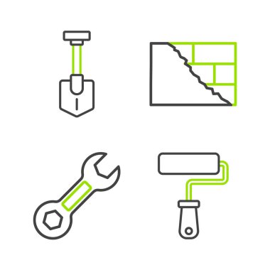 Çizgi boyası fırça anahtarlarını, tuğlaları ve kürek simgesini ayarla. Vektör.