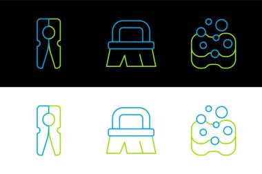 Temizlik ikonu için Sünger Giysi broşu ve Fırça ayarlayın. Vektör.