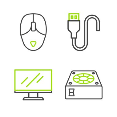 Satır çizgisi soğutucu monitör USB kablo ve fare simgesini ayarla. Vektör.