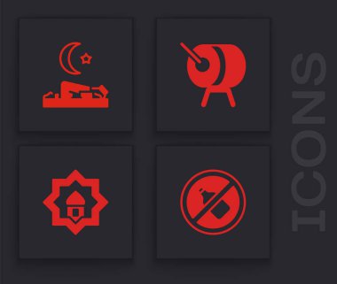 Alkol yok, Müslüman adam namaz kılıyor, Ramazan davulu ve cami simgesi. Vektör.