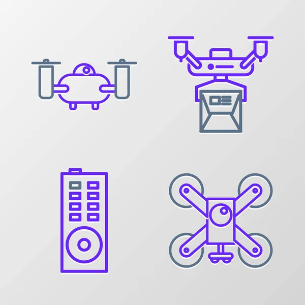 Set Line Drone Repülő Akció Kamera Távirányító Szállítási Koncepció Ikon — Stock Vector