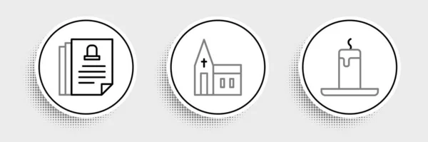Establecer Línea Vela Ardiente Certificado Defunción Icono Del Edificio Iglesia — Archivo Imágenes Vectoriales