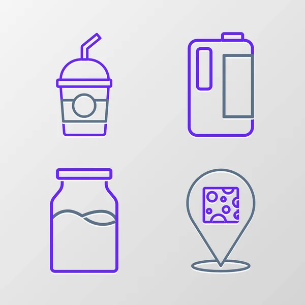 Σετ Γραμμή Τυρί Μπουκάλι Γάλα Γάλα Πλαστικό Μπουκάλι Και Milkshake — Διανυσματικό Αρχείο