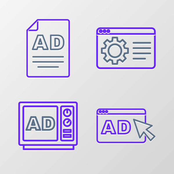Set line Advertising Browser setting and icon. Vector.
