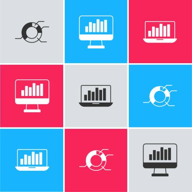 Pasta grafiği bilgi ekranını Laptop simgesi ve simgesi ile ayarla. Vektör.