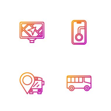 Otobüs hattı, otobüs konumu, GPS aygıtı haritası ve şehir navigasyonu ayarlayın. Renk simgeleri. Vektör.