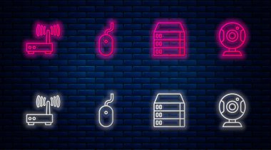 Bilgisayar faresi, sunucu, veri, web sunucusu, yönlendirici, kablosuz bağlantı sinyali ve kamera ayarla. Tuğla duvarda parlayan neon simgesi. Vektör.