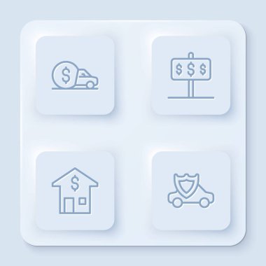 Araba kiralama şirketini dolar ve kalkanla donatın. Beyaz kare düğme. Vektör.