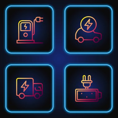 Batarya hattını ayarla. Elektrikli kamyon şarj istasyonu ve... Renk simgeleri. Vektör.