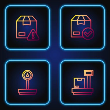 Karton kutuyla, teslimat kalkanıyla ve giriş işaretiyle çizelgeyi ayarla. Renk simgeleri. Vektör.