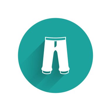 Beyaz Pantolon simgesi uzun gölge arkaplanı ile izole edildi. Pantolon imzası. Yeşil daire düğmesi. Vektör.