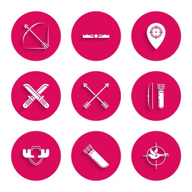 Çapraz okları Hunt 'la birlikte ördek avına, yay yamacına ve titrek geyik boynuzları kalkanı avcı bıçağı yerine ve ikona yerleştir. Vektör.