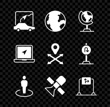 Şehir haritası navigasyonunu Uydu Yolu trafik işaretli Laptop konumu ve simgesi ile Dünya küre konumunu ayarlayın. Vektör.