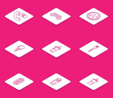 Pizza Suşi siparişi vermek için sıraya girin. Pizza külahlı waffle. Kağıt bardak, pipet, çatallı sandviç, hardallı sandviç ve Doner kebap ikonu. Vektör.