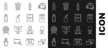 Satır Zarflı Ofis başkanı Not Defteri Bilgisayar faresi USB flash disk İşaretleyici kalem ve Arşiv kağıt çekmece simgesi. Vektör.