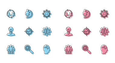 Kullanıcılar Grubu Büyüteç ve Teçhizat İnsan Kaynakları baş bulmacaları strateji işaretleme aracı dolar lambası ampulü ve zaman yönetimi simgesi ile ayarlayın. Vektör.