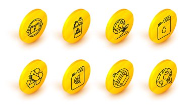 Dünya küresi ve yaprak hattını hazırlayın. Benzin geri dönüşüm sembolü ve akü olan geri dönüşüm kutusu için plastik biyo yakıt tüpü yok. Vektör.