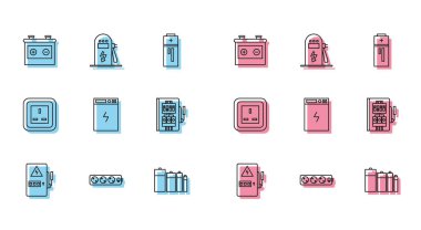 Elektrik paneli uzatma kablosu akü güç bankası prizi ve araba şarj istasyonu simgesini ayarla. Vektör.