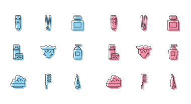 Jöleli tıraş köpüğü, elektrikli saç fırçası, tıraş makinesi, tıraş bıçağı, tıraş bıçağı, tıraş bıçağı, şampuan şişesi ve saç maşası. Vektör.