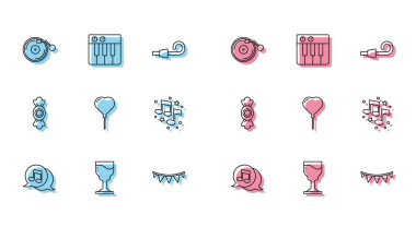 Disk Karnaval çelengi bayraklı Wine Glass Vinil oynatıcısı ile müzikal nota ayarlayın. Kalp notası tonundaki Balon şekeri ve sentezleyici simgesi. Vektör.