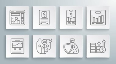 Web sitesini büyüme grafiği ile ayarla İş Finans raporu Bull ve hisse senedi piyasası kalkanı para çantası Finansal dolar Mobil ticaret grafiği bilgi ve simgesi. Vektör.