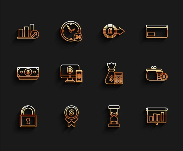 Set Line Lock Zeitplan Diagramm Infografik Tortendiagramm Alte Sanduhr Fließenden — Stockvektor