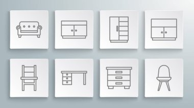 Çekmecelerin Sandığı, Mobilya Masası Mobilya Gardırobu ve Koltuk ikonu. Vektör.