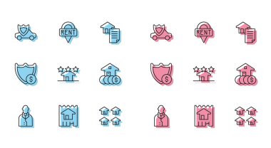 Emlakçı evi arabasını kalkan dolar kalkanı ve konum anahtar ikonu ile ayarla. Vektör.