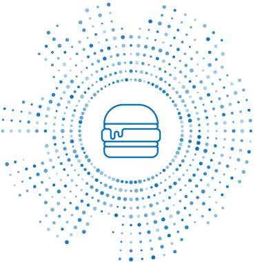 Mavi çizgi Burger simgesi beyaz arkaplanda izole edildi. Hamburger ikonu. Çizburger sandviç tabelası. Fast food menüsü. Soyut çember rastgele noktalar. Vektör.
